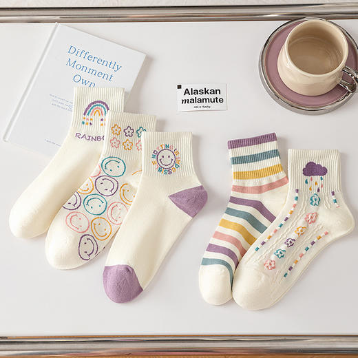 秋冬【精梳棉中筒袜】学院风女士学生运动袜子 日系卡通笑脸袜子 商品图3