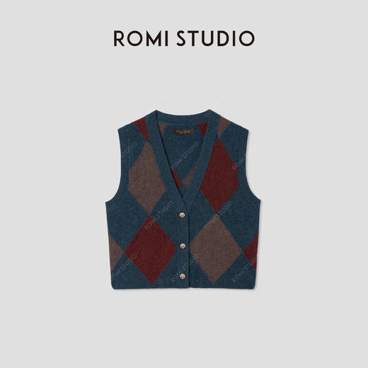 ROMI STUDIO“法式优雅”山羊 绒绵羊毛混纺绒面格纹马甲 431W8049 商品图0
