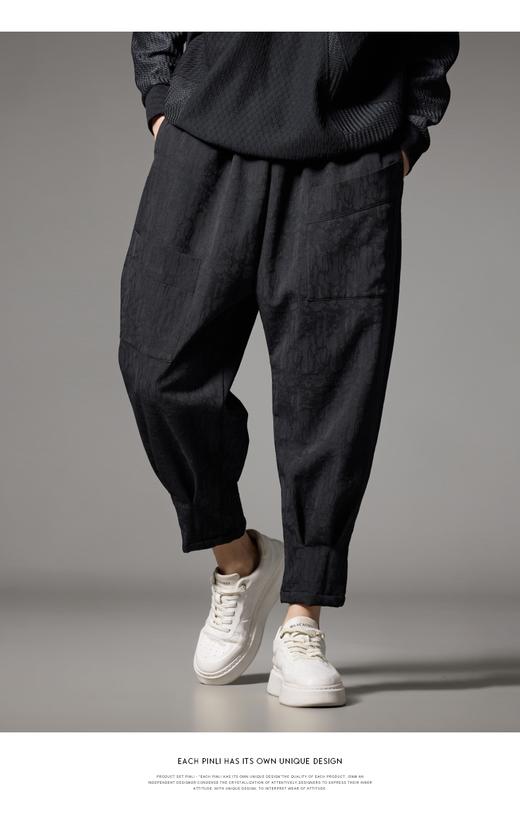 PINLI品立秋冬新款加绒加厚束脚九分裤男暗纹潮牌宽松休闲裤B243117050 商品图6