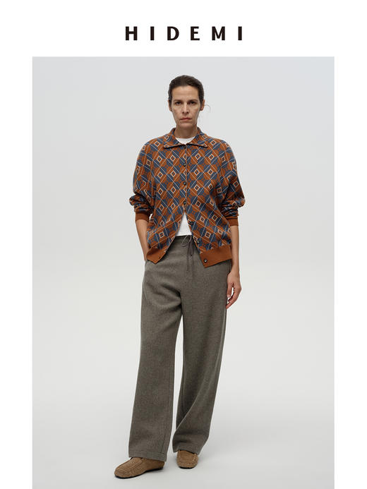 HIDEMI 进口澳洲美利奴羊毛经典几何手绘系列图形花纱拼色polo小翻领毛织外套 棕橘拼色/灰蓝拼色 商品图5
