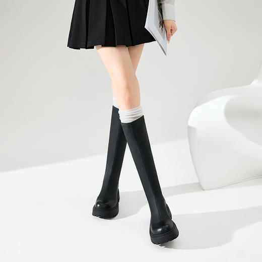 西遇黑色长筒靴女新款秋冬显瘦不过膝长靴小个子厚底高筒靴子D3947693 商品图3