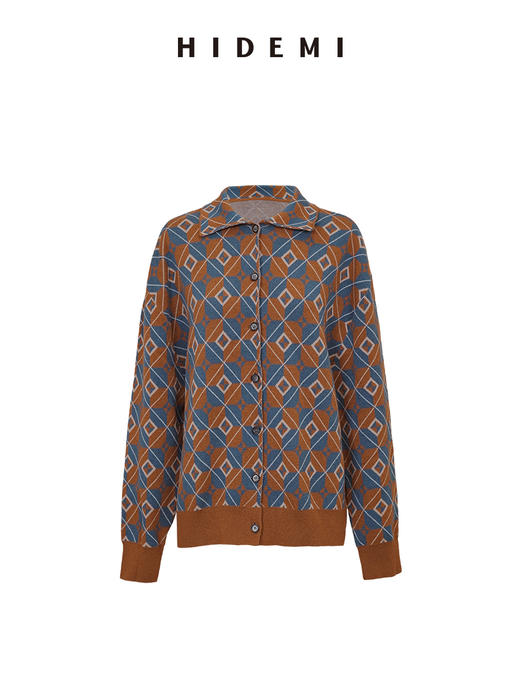 HIDEMI 进口澳洲美利奴羊毛经典几何手绘系列图形花纱拼色polo小翻领毛织外套 棕橘拼色/灰蓝拼色 商品图8