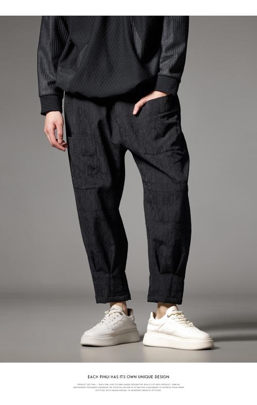 PINLI品立秋冬新款加绒加厚束脚九分裤男暗纹潮牌宽松休闲裤B243117050 商品图7