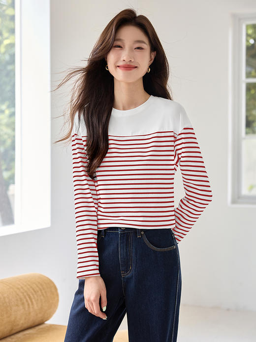 【年终特卖】熙世界蓝白条纹长袖T恤2025春秋新款法式海魂衫内搭宽松打底衫 商品图3