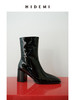 HIDEMI 超显瘦进口牛皮哑光亮皮方头粗跟方跟踝靴短靴 黑色/暗深酒红 商品缩略图0