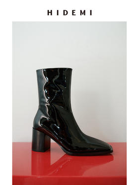 HIDEMI 超显瘦进口牛皮哑光亮皮方头粗跟方跟踝靴短靴 黑色/暗深酒红