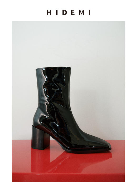 HIDEMI 超显瘦进口牛皮哑光亮皮方头粗跟方跟踝靴短靴 黑色/暗深酒红 商品图0