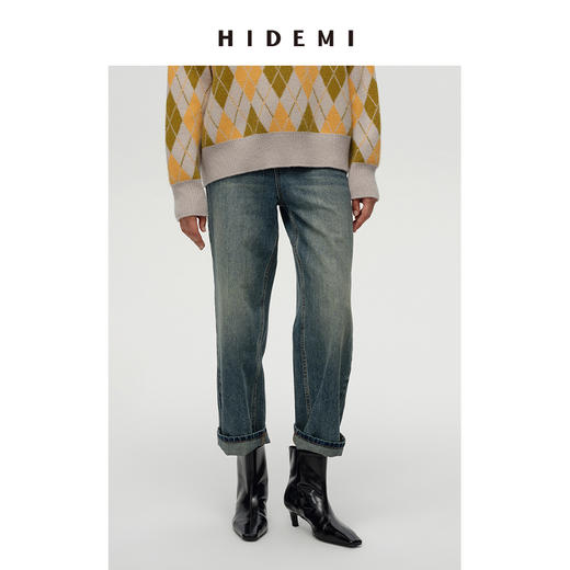 HIDEMI 多重水洗复古感做旧牛仔蓝宽腿长裤牛仔裤 商品图3
