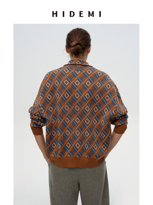 HIDEMI 进口澳洲美利奴羊毛经典几何手绘系列图形花纱拼色polo小翻领毛织外套 棕橘拼色/灰蓝拼色 商品图6