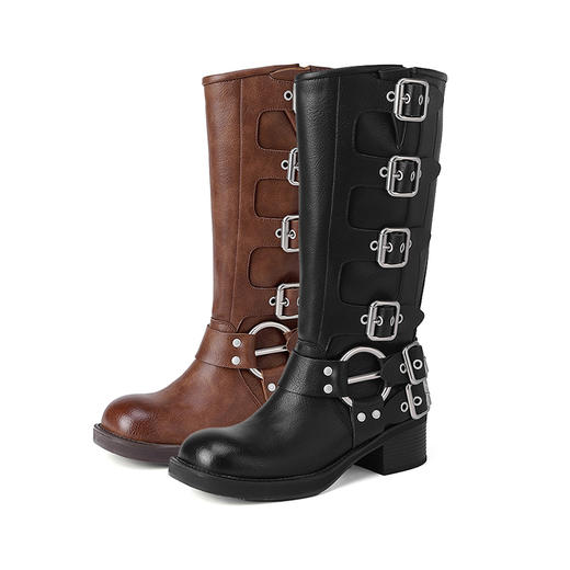 西遇西部牛仔靴机车靴女秋冬爆款美拉德棕色马丁靴粗跟长筒靴V0047800/D0033849 商品图4