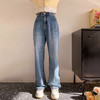 「撞色小花朵刺绣款」直筒牛仔裤女 梨形身材高腰宽松阔腿拖地长裤子下装 商品缩略图1