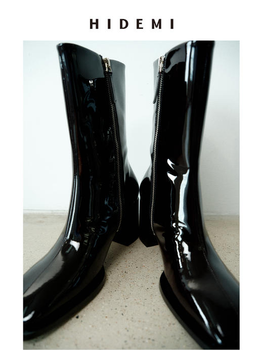 HIDEMI 超显瘦进口牛皮哑光亮皮方头粗跟方跟踝靴短靴 黑色/暗深酒红 商品图2