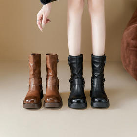 西遇西部牛仔短靴女2025新款秋冬宽筒显瘦机车靴中筒粗跟马丁靴子D0047797