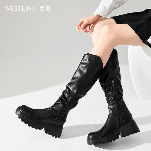 西遇厚底堆堆靴长筒靴女新款秋冬小个子高跟靴V口西部牛仔靴D3547664 商品图2