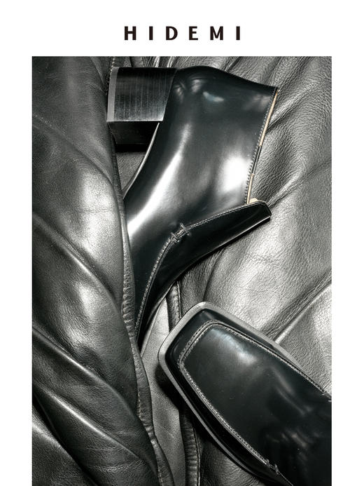 HIDEMI 极简方头都市感方跟粗跟进口雾面亮皮牛皮手工感中跟皮鞋 黑色/复古酒红 商品图3