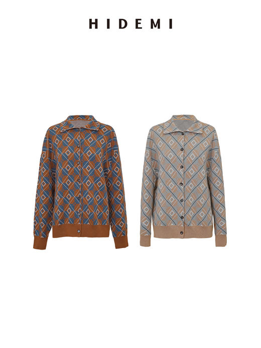 HIDEMI 进口澳洲美利奴羊毛经典几何手绘系列图形花纱拼色polo小翻领毛织外套 棕橘拼色/灰蓝拼色 商品图7