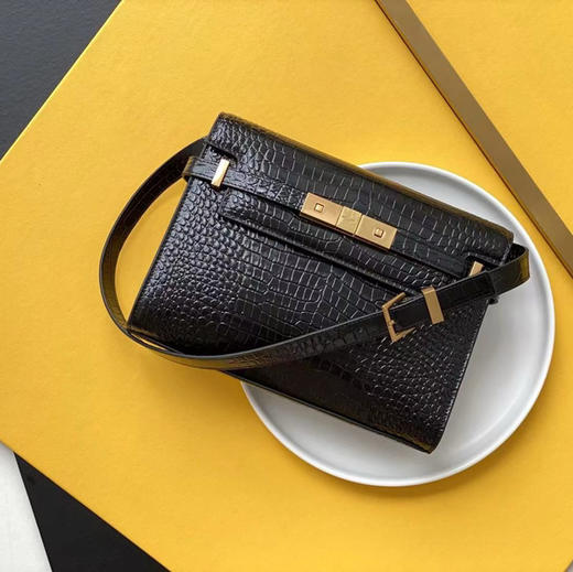 SAINT LAURENT圣罗兰 YSL SL MANHATTAN 曼哈顿金扣 鳄鱼纹压花闪亮牛皮革 斜挎单肩包 小号 中号女款 黑色（CB） 商品图0