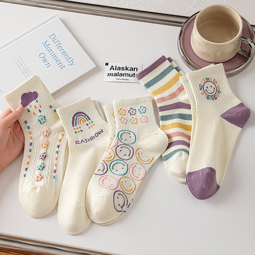 秋冬【精梳棉中筒袜】学院风女士学生运动袜子 日系卡通笑脸袜子 商品图1