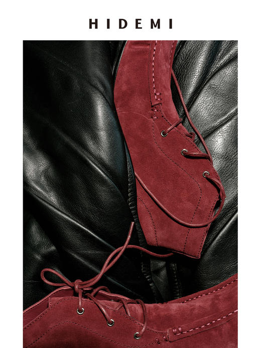 HIDEMI 系带复古做旧感进口磨毛牛反绒牛皮中帮方头内增高式踝靴短靴 卡其米/勃艮第酒红 商品图8