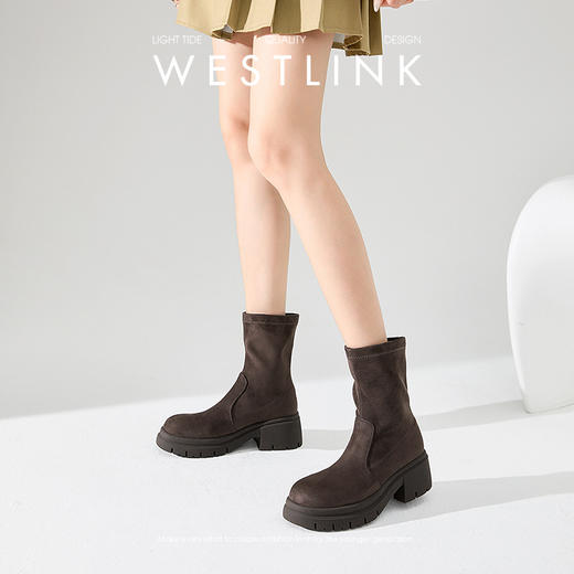 西遇增高厚底瘦瘦靴女新款秋冬高跟马丁靴弹力靴绒面圆头短靴D3947687 商品图2