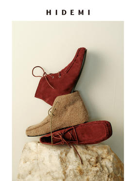HIDEMI 系带复古做旧感进口磨毛牛反绒牛皮中帮方头内增高式踝靴短靴 卡其米/勃艮第酒红