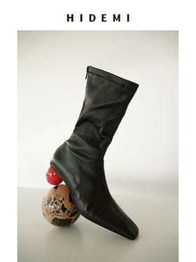 HIDEMI 【当当同款】做旧感进口弹力羊皮艺术感撞色球体异形跟中跟显瘦踝靴 古铜棕麂皮/黑色光面皮
