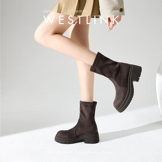 西遇增高厚底瘦瘦靴女新款秋冬高跟马丁靴弹力靴绒面圆头短靴D3947687 商品图1