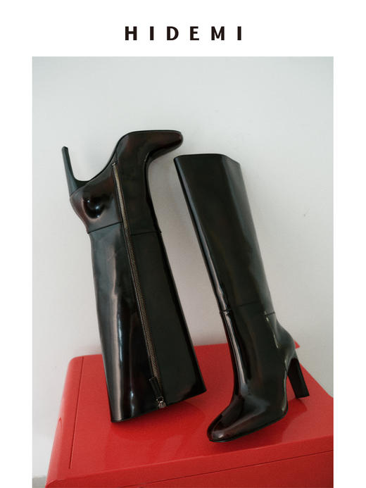 HIDEMI 极简方圆头进口牛皮高筒高跟长靴马靴 黑色牛皮\擦色酒红 商品图6