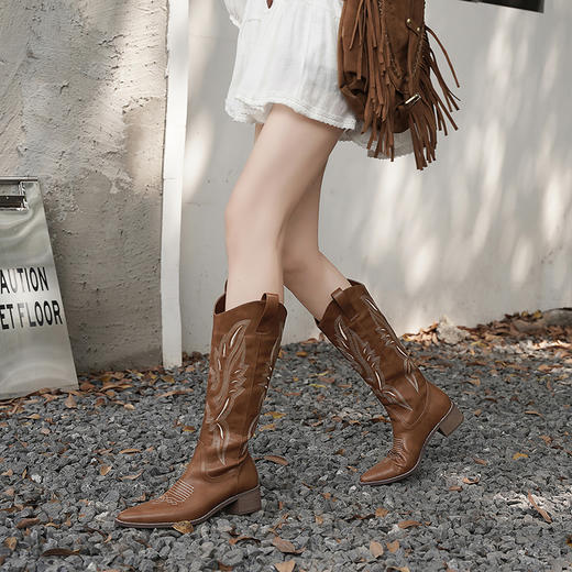 西遇西部牛仔靴女新款秋冬复古刺绣靴子马丁靴尖头棕色长筒靴V0047799 商品图1