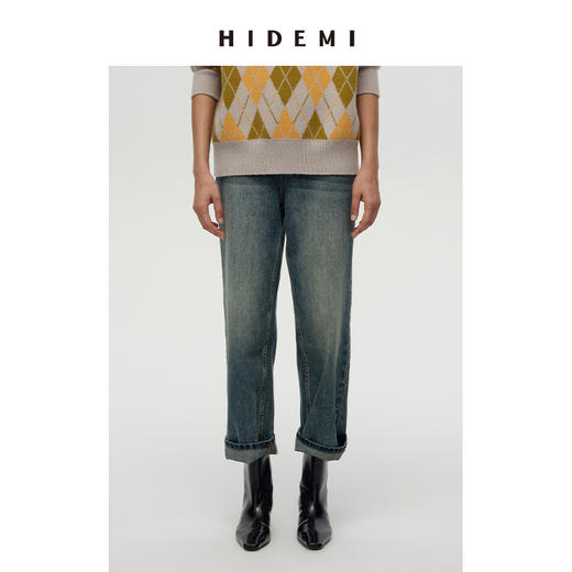 HIDEMI 多重水洗复古感做旧牛仔蓝宽腿长裤牛仔裤 商品图0