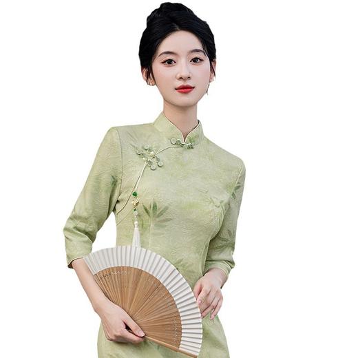秋冬新款时尚气质改良国风新中式绿色竹叶提花旗袍MLS6975 商品图4