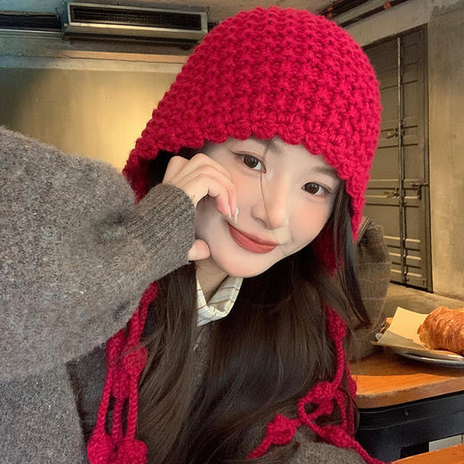 【流苏条毛线帽！】秋冬保暖毛线帽手工编织镂空包头帽女民族风流苏护耳套头针织帽子，挺阔有型显脸小。ry 商品图3