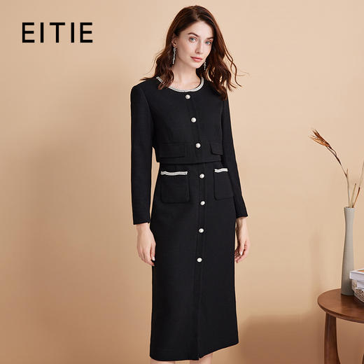 EITIE爱特爱冬季新款优雅法式圆领假两件收腰显瘦珍珠装饰连衣裙D2407409 商品图0