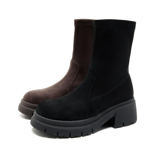 西遇增高厚底瘦瘦靴女新款秋冬高跟马丁靴弹力靴绒面圆头短靴D3947687 商品图4