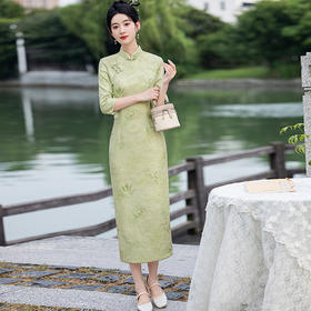 秋冬新款时尚气质改良国风新中式绿色竹叶提花旗袍MLS6975