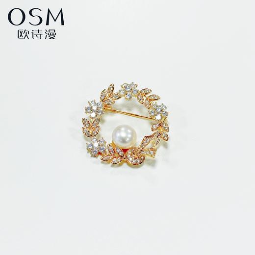 欧诗漫橄榄叶花环珍珠胸针丝巾扣香槟金白色淡水珍珠 商品图0