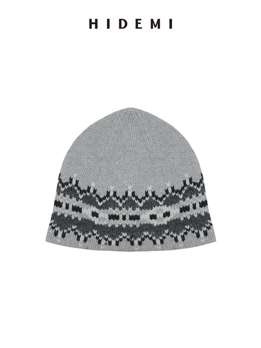 HIDEMI 澳洲进口美利奴羊毛手绘复古费尔岛提花多股粗砂纱加厚款毛衣大外套/针织毛线帽套装 卡其色\灰色 商品图13