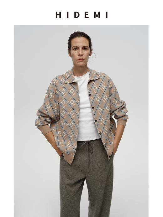 HIDEMI 进口澳洲美利奴羊毛经典几何手绘系列图形花纱拼色polo小翻领毛织外套 棕橘拼色/灰蓝拼色 商品图4