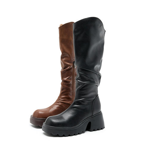 西遇厚底堆堆靴长筒靴女新款秋冬小个子高跟靴V口西部牛仔靴D3547664 商品图4