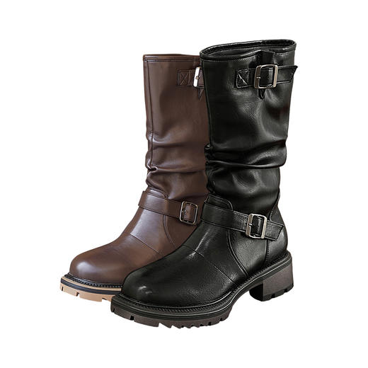 西遇复古骑士靴女新款秋冬英伦风马丁靴黑色长靴粗跟中筒靴子V0047802/V0034078 商品图4