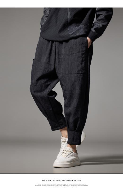 PINLI品立秋冬新款加绒加厚束脚九分裤男暗纹潮牌宽松休闲裤B243117050 商品图8