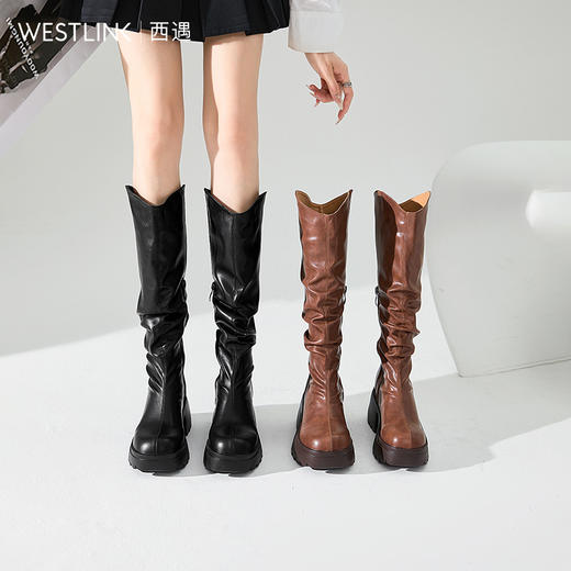 西遇厚底堆堆靴长筒靴女新款秋冬小个子高跟靴V口西部牛仔靴D3547664 商品图0