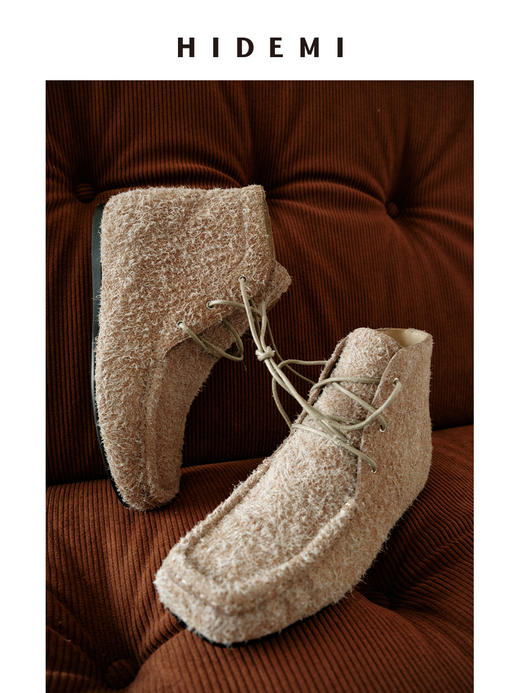 HIDEMI 系带复古做旧感进口磨毛牛反绒牛皮中帮方头内增高式踝靴短靴 卡其米/勃艮第酒红 商品图7