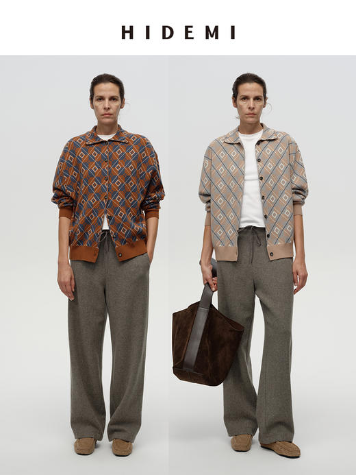 HIDEMI 进口澳洲美利奴羊毛经典几何手绘系列图形花纱拼色polo小翻领毛织外套 棕橘拼色/灰蓝拼色 商品图0