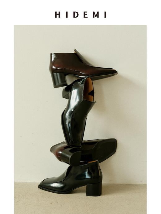 HIDEMI 极简方头都市感方跟粗跟进口雾面亮皮牛皮手工感中跟皮鞋 黑色/复古酒红 商品图0