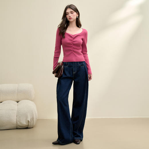 绵羊毛简约设计感针织衫女早春轻薄捏褶高弹桃心领打底衫V4142675 商品图3