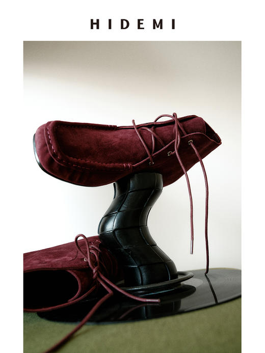 HIDEMI 系带复古做旧感进口磨毛牛反绒牛皮中帮方头内增高式踝靴短靴 卡其米/勃艮第酒红 商品图6