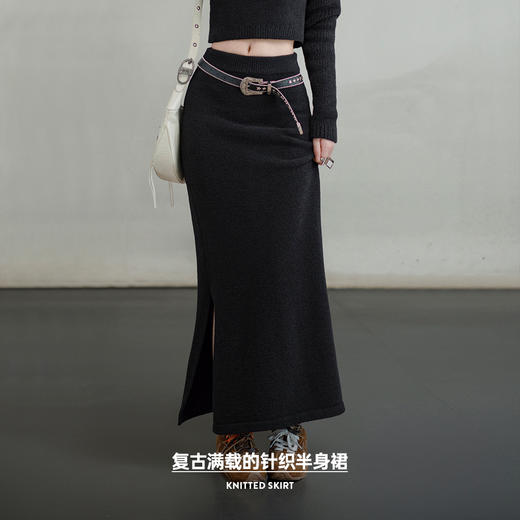 马登美式针织半身裙设计感修身显瘦开叉包臀裙A字一步长裙秋季女 商品图1