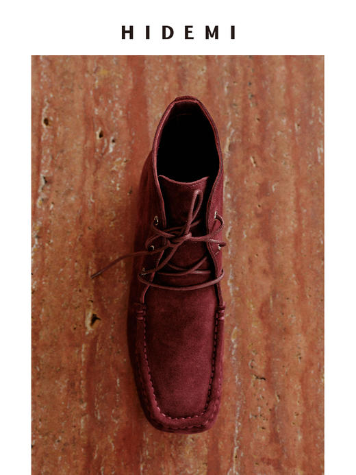 HIDEMI 系带复古做旧感进口磨毛牛反绒牛皮中帮方头内增高式踝靴短靴 卡其米/勃艮第酒红 商品图9