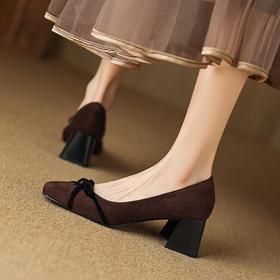 【预售5天】绒面蝴蝶结复古法式，高跟鞋软皮粗跟单鞋WMRJ&710